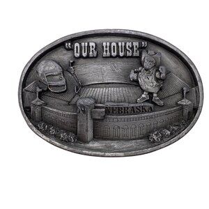 Nebraska Cornhuskers Our House stadium belt buckle 1980s Pewter silver tone